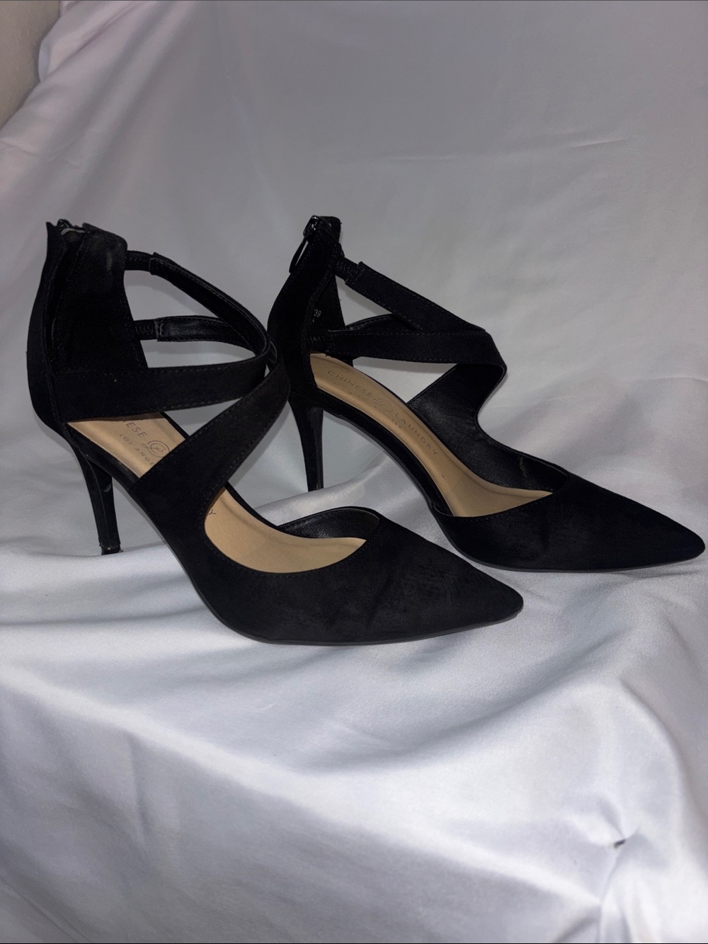 Chinese Laundry Suede Pointed-Toe Cross-Strap Stiletto Heels - Women